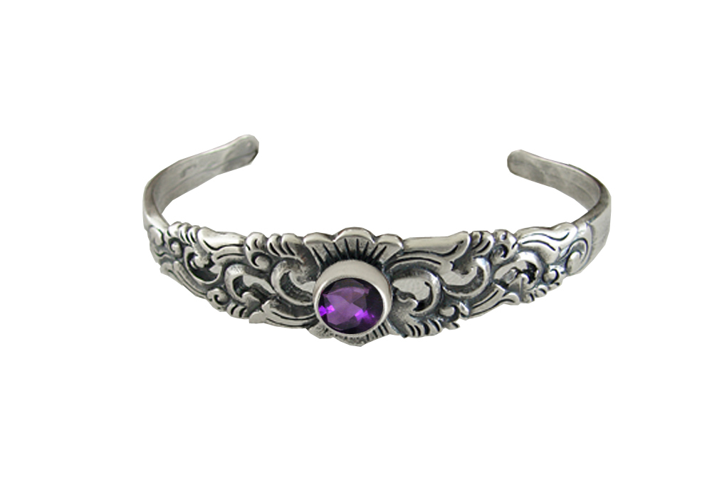 Sterling Silver Engraved Cuff Bracelet With Amethyst